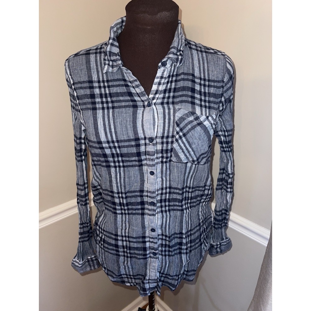 Lucky Brand Plaid Navy Sunwashed Button Up Collared Sheer‎ Shirt Size M Western